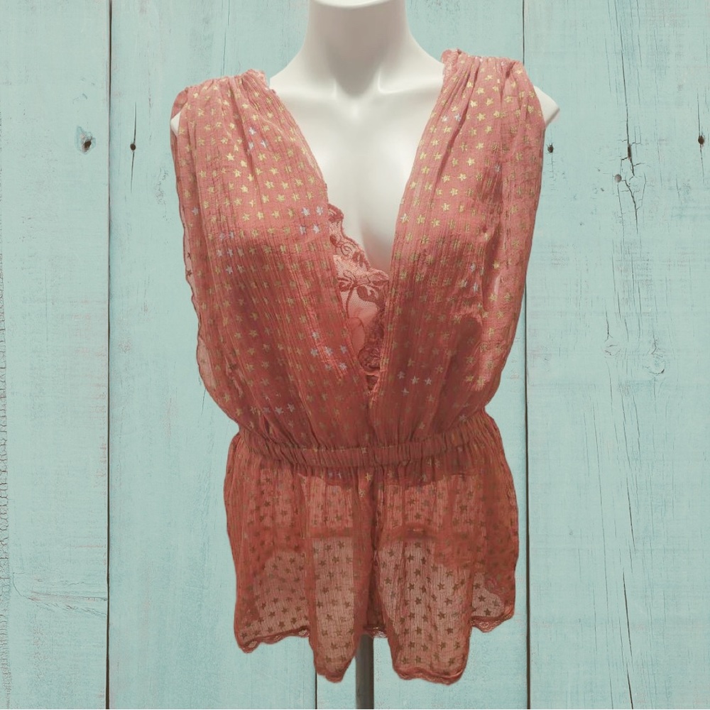 Free People Silver and Gold Stars on Pink Sheer Lace 2 Layer Blouse